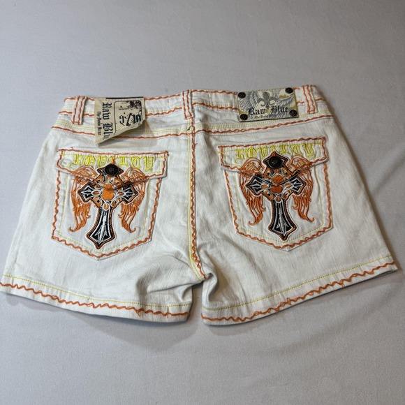 Raw Blue Shorts Womens 9/10 White Denim Embroidery Cross Royalty Wings Retro Y2K - Picture 2 of 9